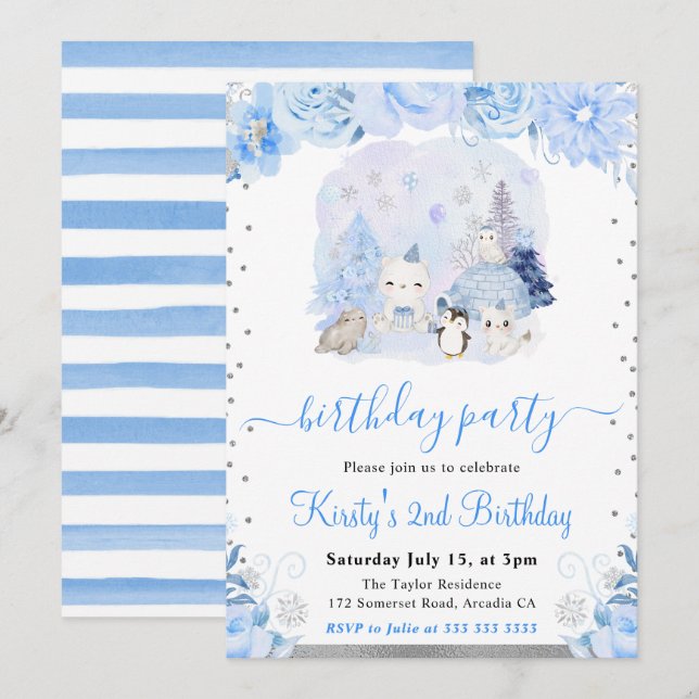 Invitation Aquarelle Floral Arctic Animaux Anniversaires de e (Devant / Derrière)