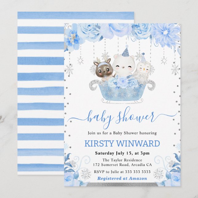 Invitation Aquarelle Floral Arctic Animaux Baby shower (Devant / Derrière)