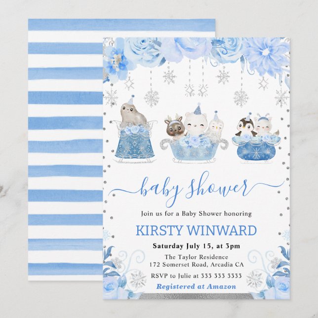 Invitation Aquarelle Floral Arctic Animaux Baby shower (Devant / Derrière)