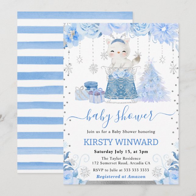 Invitation Aquarelle Floral Arctic Fox Baby shower (Devant / Derrière)