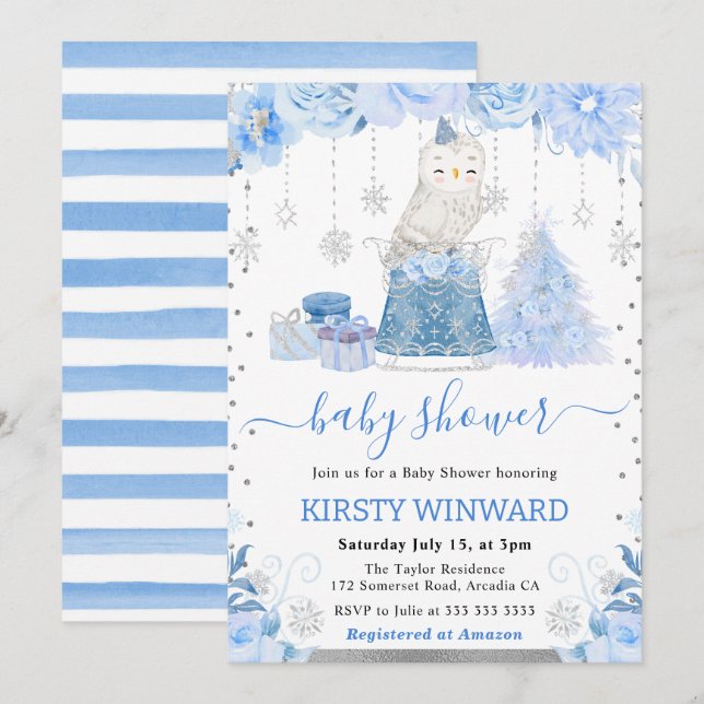 Invitation Aquarelle Floral Arctic Owl Baby shower (Devant / Derrière)
