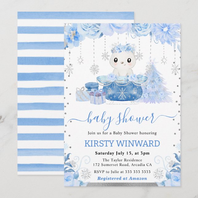 Invitation Aquarelle Floral Arctique Baby shower Ours polaire (Devant / Derrière)