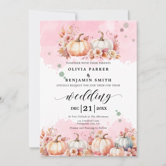 Invitation Aquarelle Floral Automne Citrouille rose Mariage d (Devant)