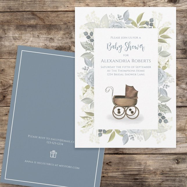 Invitation Aquarelle Floral Baby Blue Carriage Registre Cadea (Créateur téléchargé)
