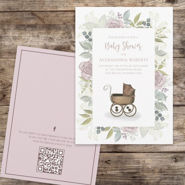 Invitation Aquarelle Floral Baby Rose QR Code Social Media (Créateur téléchargé)