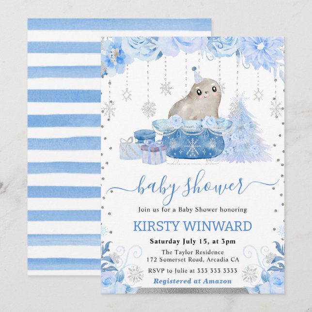 Invitation Aquarelle Floral Baby shower de phoque arctique (Devant / Derrière)