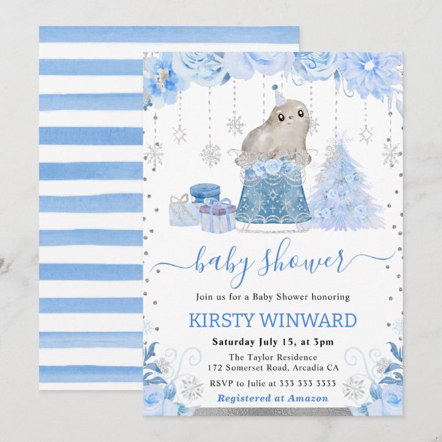 Invitation Aquarelle Floral Baby shower de phoque arctique (Devant / Derrière)