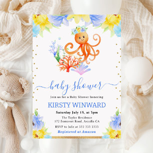 Invitation Aquarelle Floral Baby shower de pieuvre sous-marin