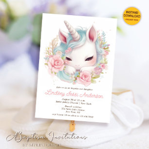 Invitation Aquarelle Floral Baby Unicorn Girl Baptism