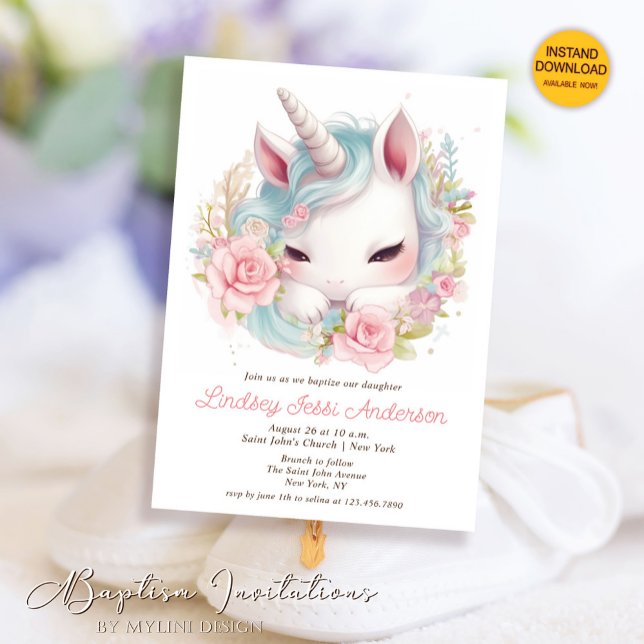 Invitation Aquarelle Floral Baby Unicorn Girl Baptism (Créateur téléchargé)