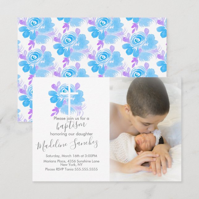 Invitation Aquarelle Floral Baptême Cross Baby Dedication (Devant / Derrière)