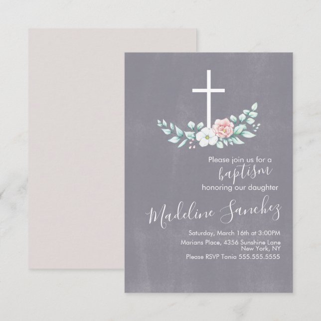 Invitation Aquarelle Floral Baptême Cross Baby Dedication (Devant / Derrière)