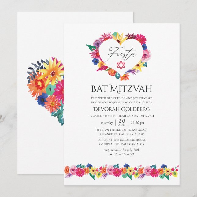 Invitation Aquarelle Floral Bat mitzvah Fiesta (Devant / Derrière)