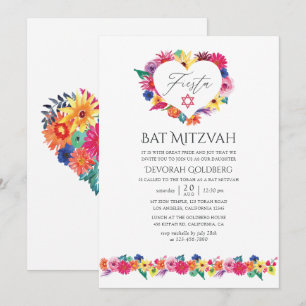 Invitation Aquarelle Floral Bat mitzvah Fiesta
