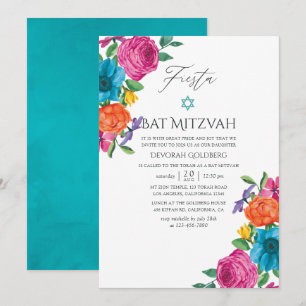 Invitation Aquarelle Floral Bat mitzvah Fiesta