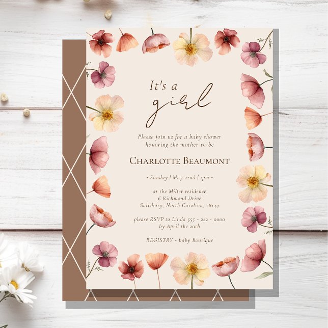 Invitation Aquarelle Floral Beige C'est un Baby shower fémini (Créateur téléchargé)