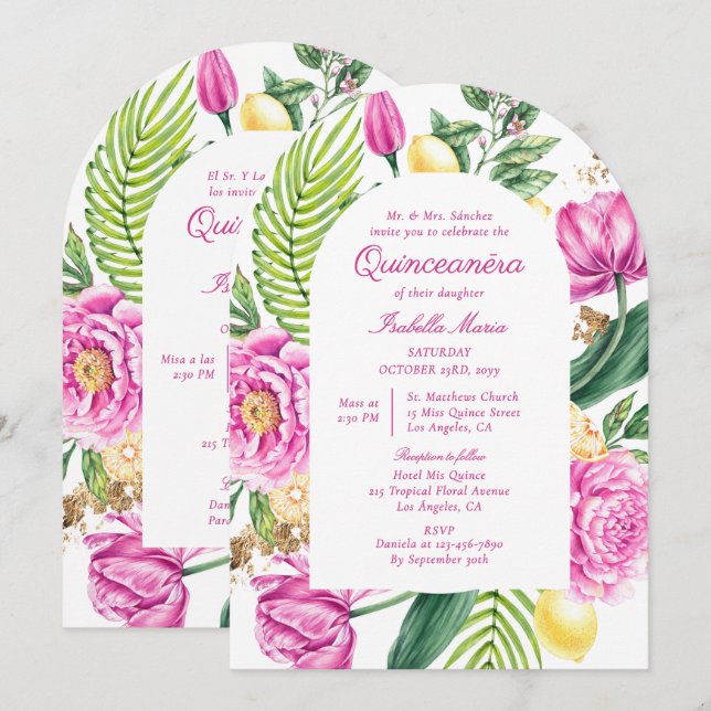 Invitation Aquarelle Floral Bilingue Espagnol Quinceañera (Devant / Derrière)