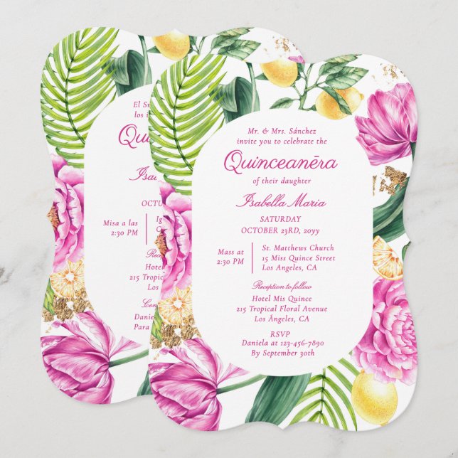 Invitation Aquarelle Floral Bilingue Espagnol Quinceañera (Devant / Derrière)