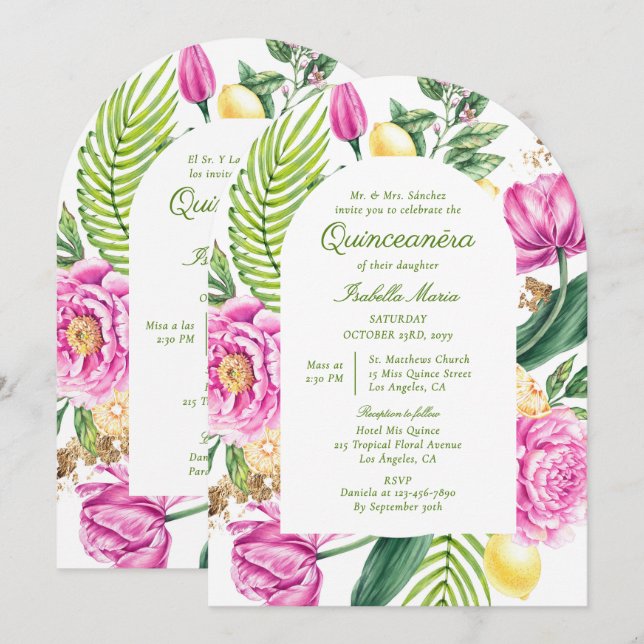 Invitation Aquarelle Floral Bilingue Espagnol Quinceañera (Devant / Derrière)