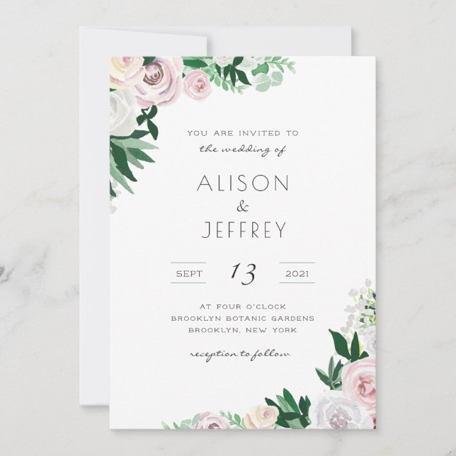 Invitation Aquarelle Floral Blanc Vert rose Mariage (Devant)