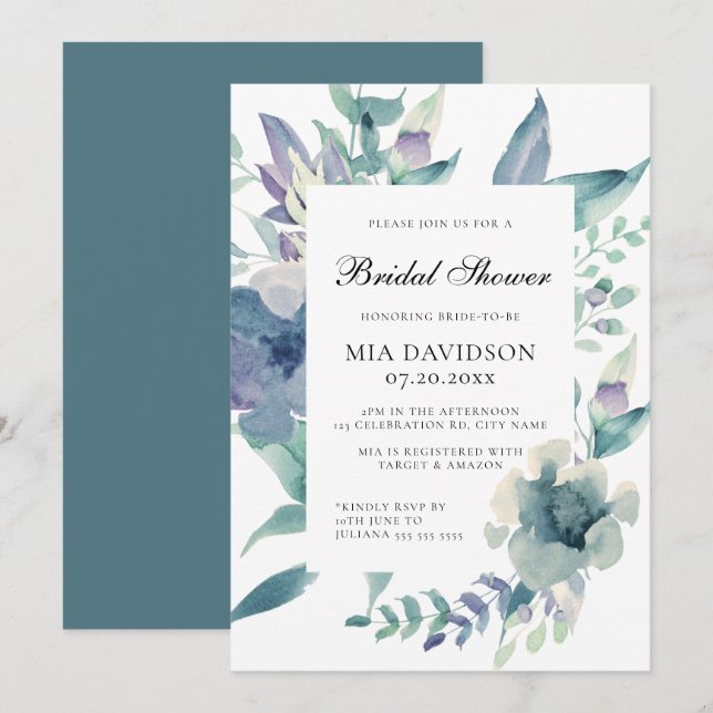 Invitation Aquarelle Floral Bleu pourpre Fête des mariées ver (Devant / Derrière)