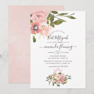 Invitation Aquarelle floral Blush et Rose Bat mitzvah or