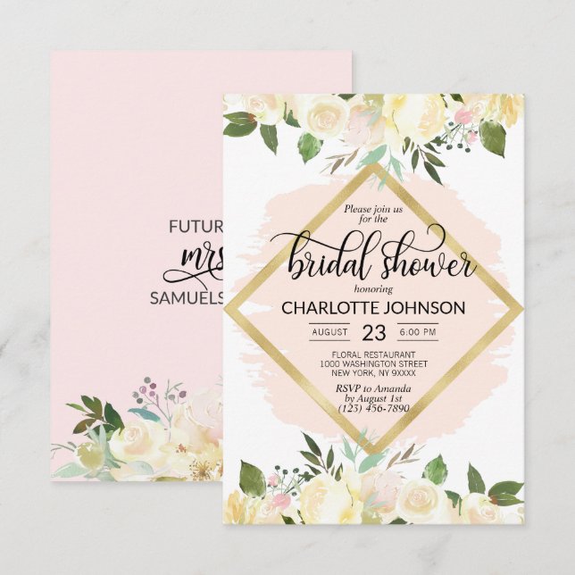 Invitation Aquarelle Floral Blush Fête des mariées or rose (Devant / Derrière)