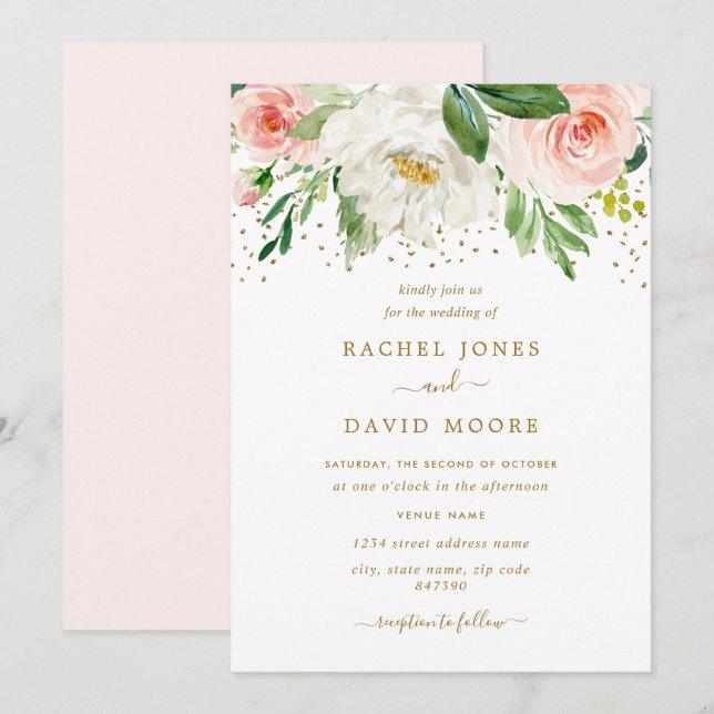 Invitation Aquarelle Floral Blush Gold Mariage (Devant / Derrière)