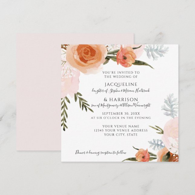 Invitation Aquarelle Floral Blush Peach Grey Foliing Mariage (Devant / Derrière)