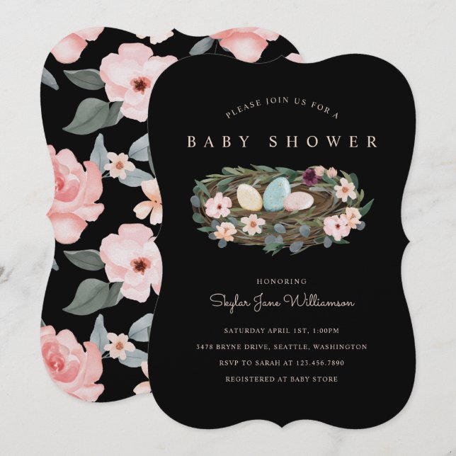 Invitation Aquarelle Floral Bohemian Bird's Nest Baby shower (Devant / Derrière)