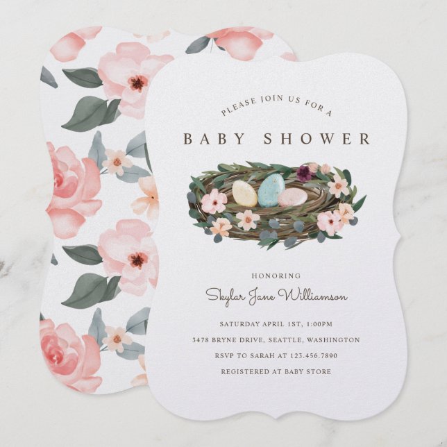 Invitation Aquarelle Floral Bohemian Bird's Nest Baby shower (Devant / Derrière)