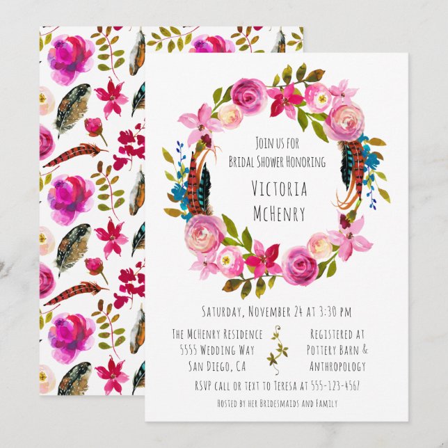 Invitation Aquarelle Floral Boho Chic Wreath Fête des mariées (Devant / Derrière)