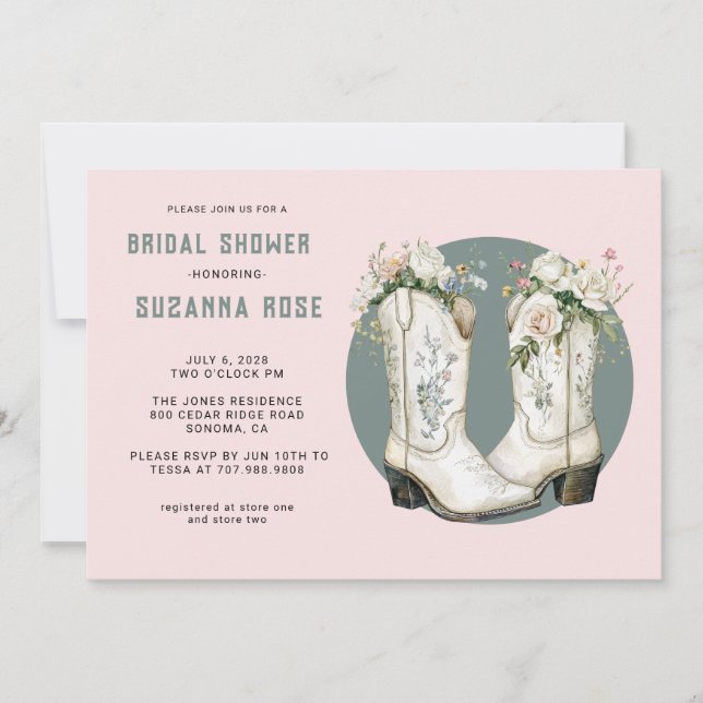 Invitation Aquarelle Floral Boots de cowgirl rose Fête des ma (Devant)
