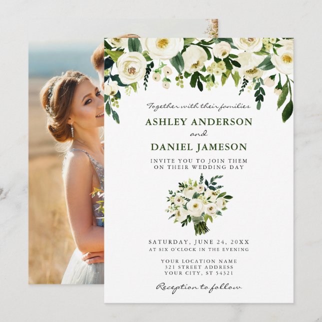 Invitation Aquarelle Floral Bouquet Élégant Mariage photo (Devant / Derrière)