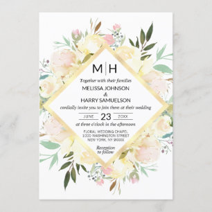 Invitation Aquarelle Floral Bouquet Rose Or Blanc Mariage
