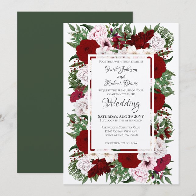 Invitation Aquarelle Floral Bourgogne Blush Mariage vert (Devant / Derrière)