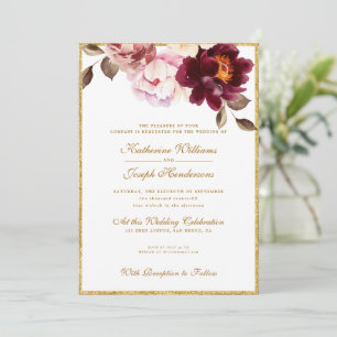 Invitation Aquarelle Floral Bourgogne Bouquet Romance Mariage