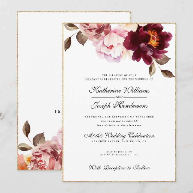 Invitation Aquarelle Floral Bourgogne Bouquet Romance Mariage (Devant / Derrière)