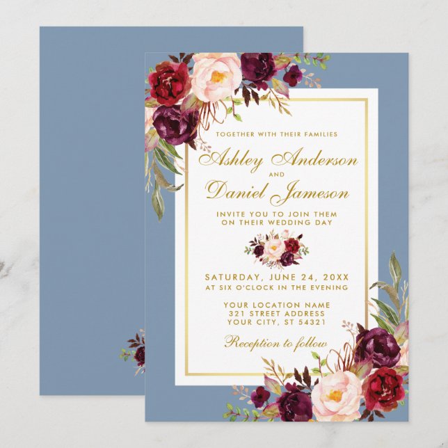 Invitation Aquarelle Floral Bourgogne Dusty Blue Gold Mariage (Devant / Derrière)