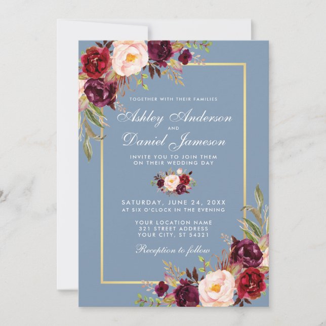 Invitation Aquarelle Floral Bourgogne Dusty Mariage bleu (Devant)