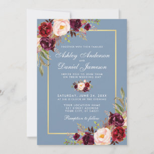 Invitation Aquarelle Floral Bourgogne Dusty Mariage bleu