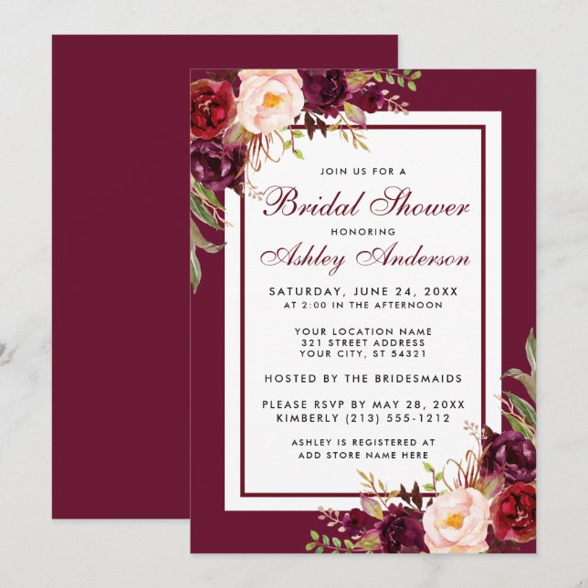 Invitation Aquarelle Floral Bourgogne Fête des mariées (Devant / Derrière)