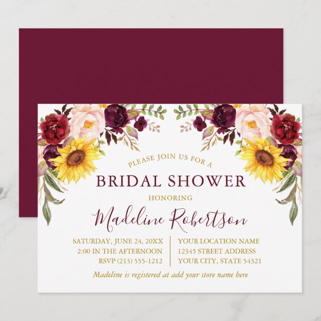 Invitation Aquarelle Floral Bourgogne Gold Fête des mariées (Devant / Derrière)