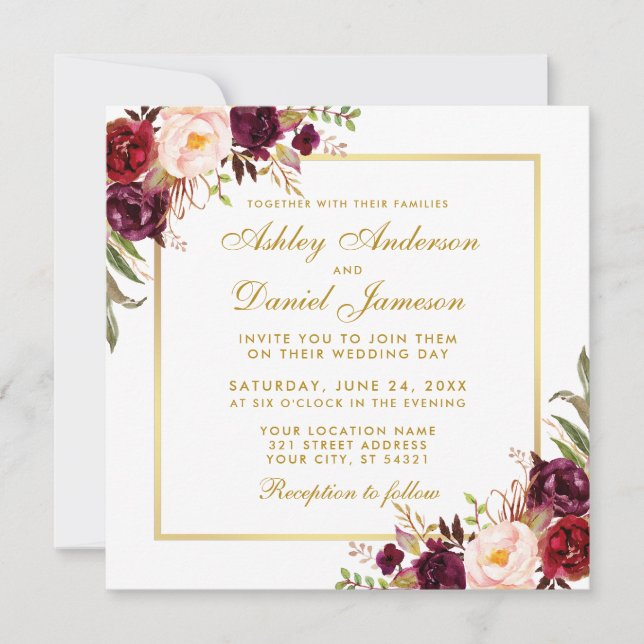 Invitation Aquarelle Floral Bourgogne Gold Mariage Card S (Devant)