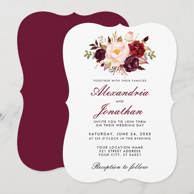 Invitation Aquarelle Floral Bourgogne Mariage BR (Devant / Derrière)