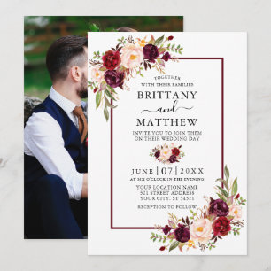Invitation Aquarelle Floral Bourgogne Mariage photo