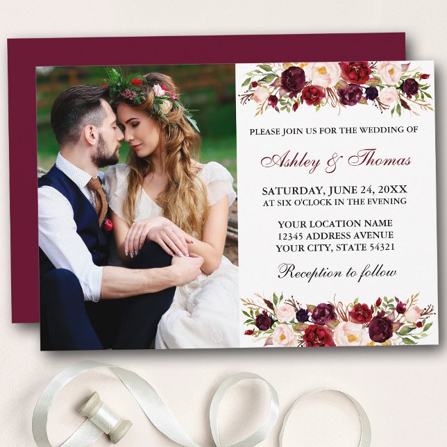 Invitation Aquarelle Floral Bourgogne Mariage photo (Customize to change text color, style, add text to back or change color of back of card.)
