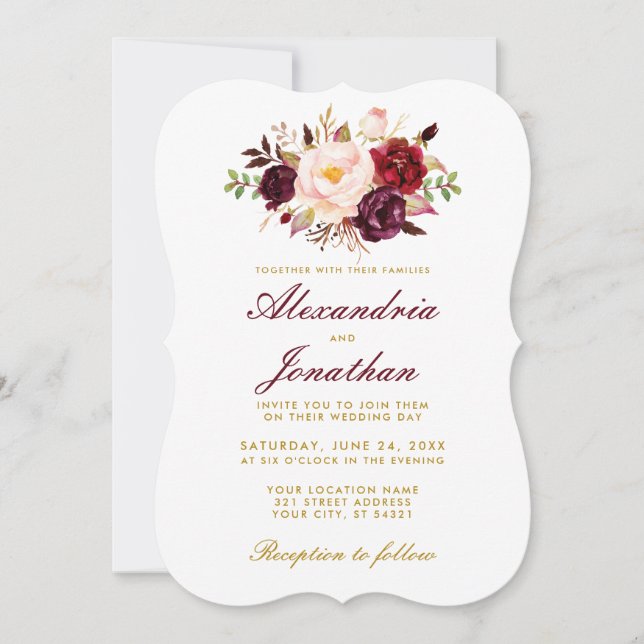 Invitation Aquarelle Floral Bourgogne Or Mariage BR (Devant)