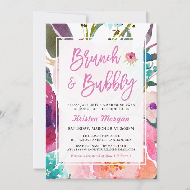 Invitation Aquarelle Floral Brunch et Fête des mariées Bubbly (Devant)