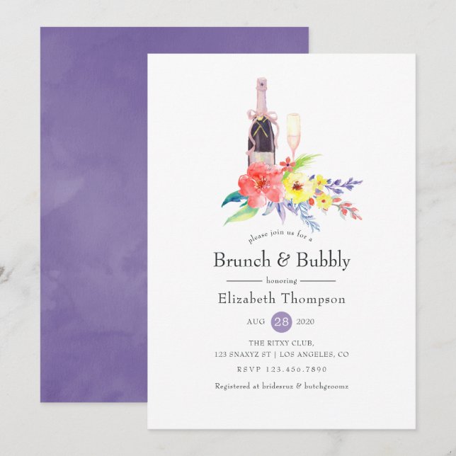 Invitation Aquarelle Floral Brunch et Fête des mariées Bubbly (Devant / Derrière)